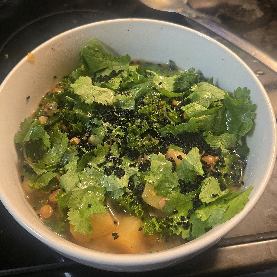 Ginger Sweet Potato and Coconut Milk Stew with Lentils and Kale