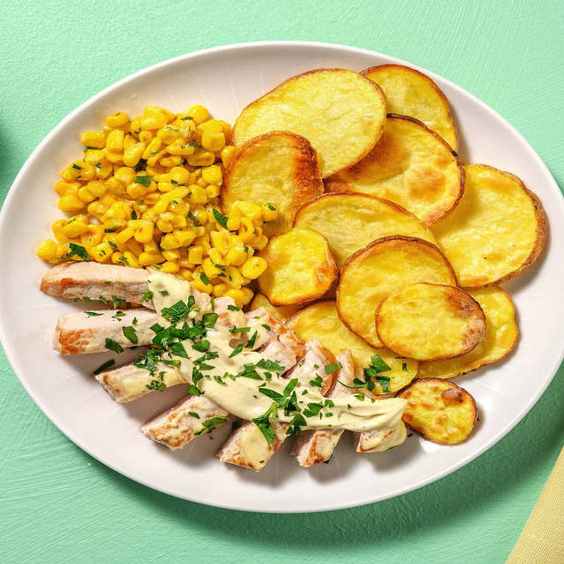 Southern Pork Chops with White BBQ Sauce, Buttery Corn and Crispy Potatoes