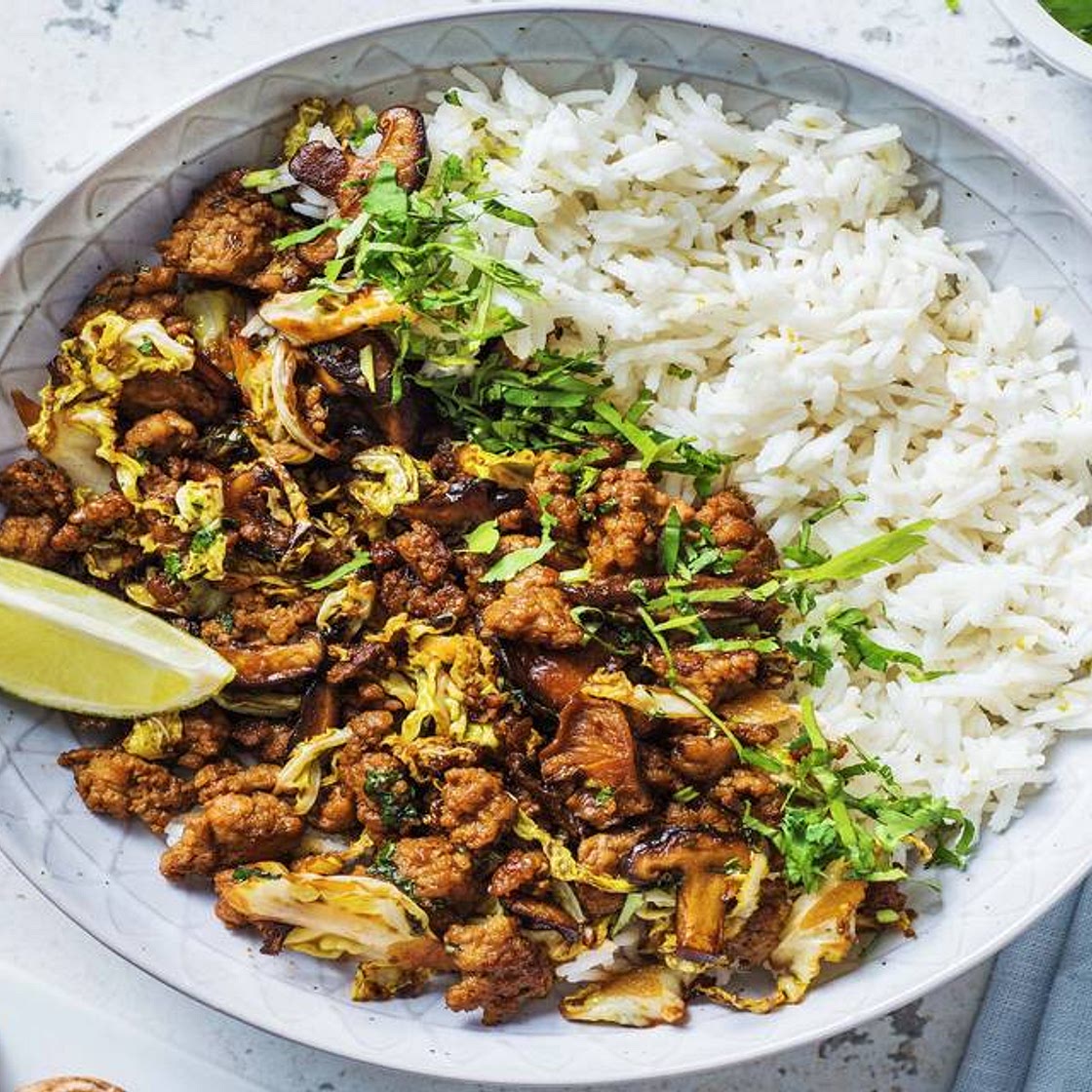 Super Quick Pork Stir Fry with Shiitake Mushrooms, Chinese Leaf and Fragrant Rice