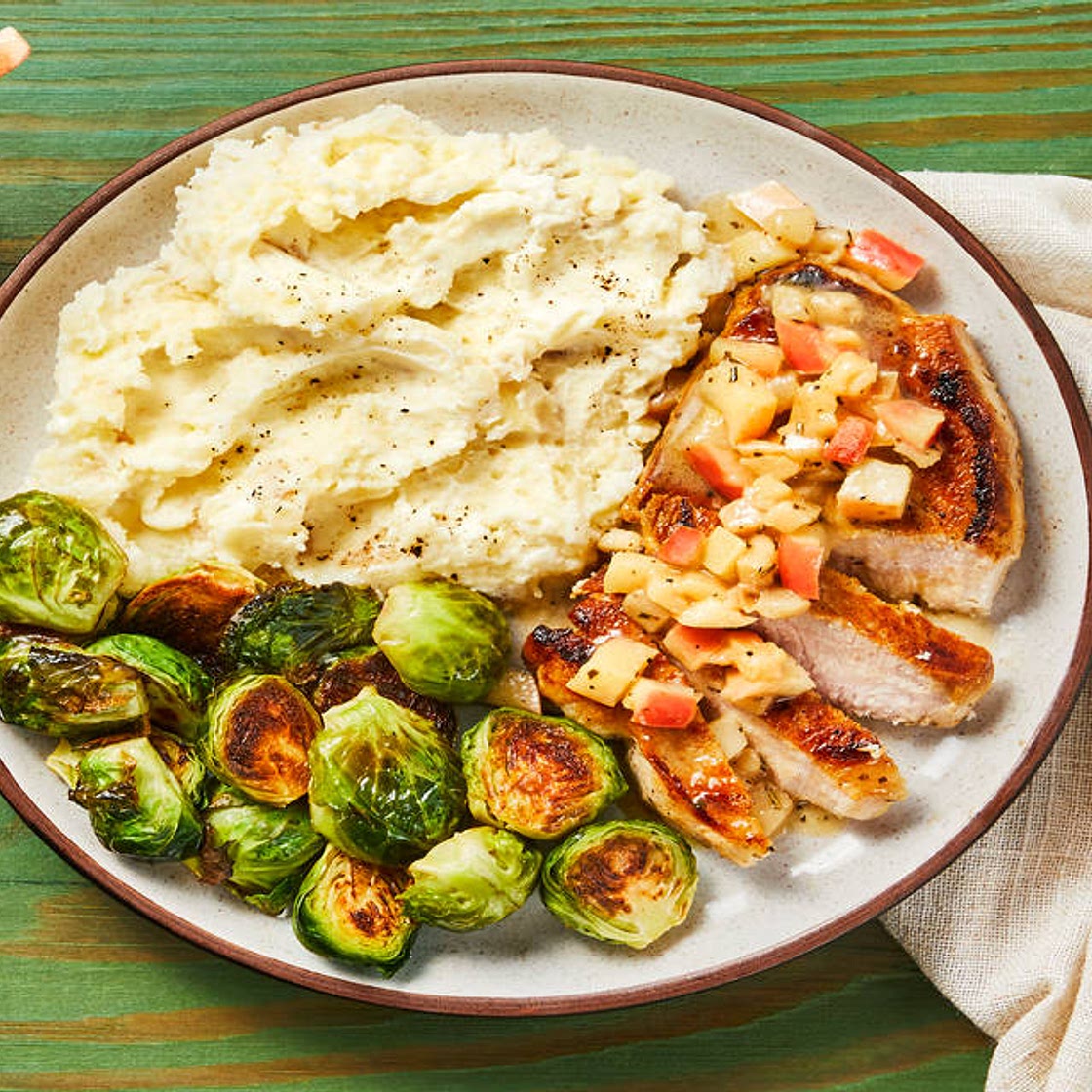 Pork Chops & Apple Rosemary Pan Sauce with Mashed Potatoes & Roasted Brussels Sprouts