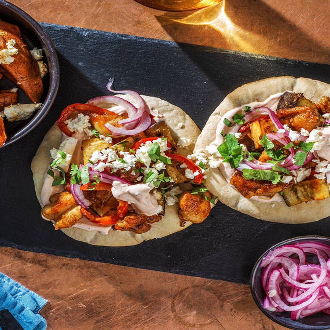 Honey Glazed Chicken Flatbread With Sweet Potato Feta Wedges, Harissa Veg and Pickled Red Onion