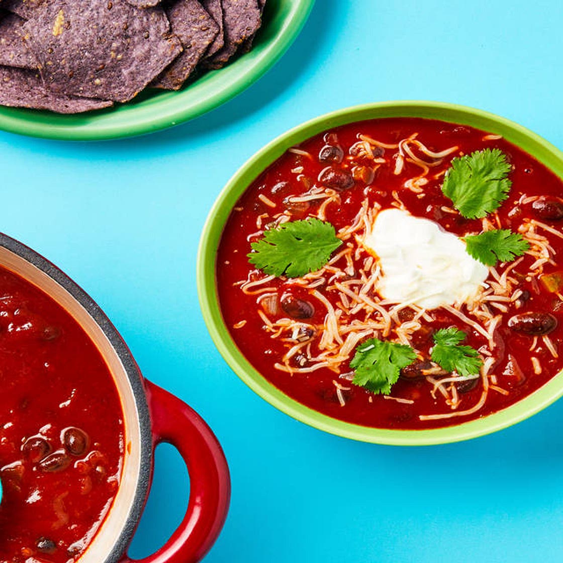 One-Pot Black Bean & Pepper Soup with Blue Corn Tortilla Chips, Monterey Jack & Sour Cream