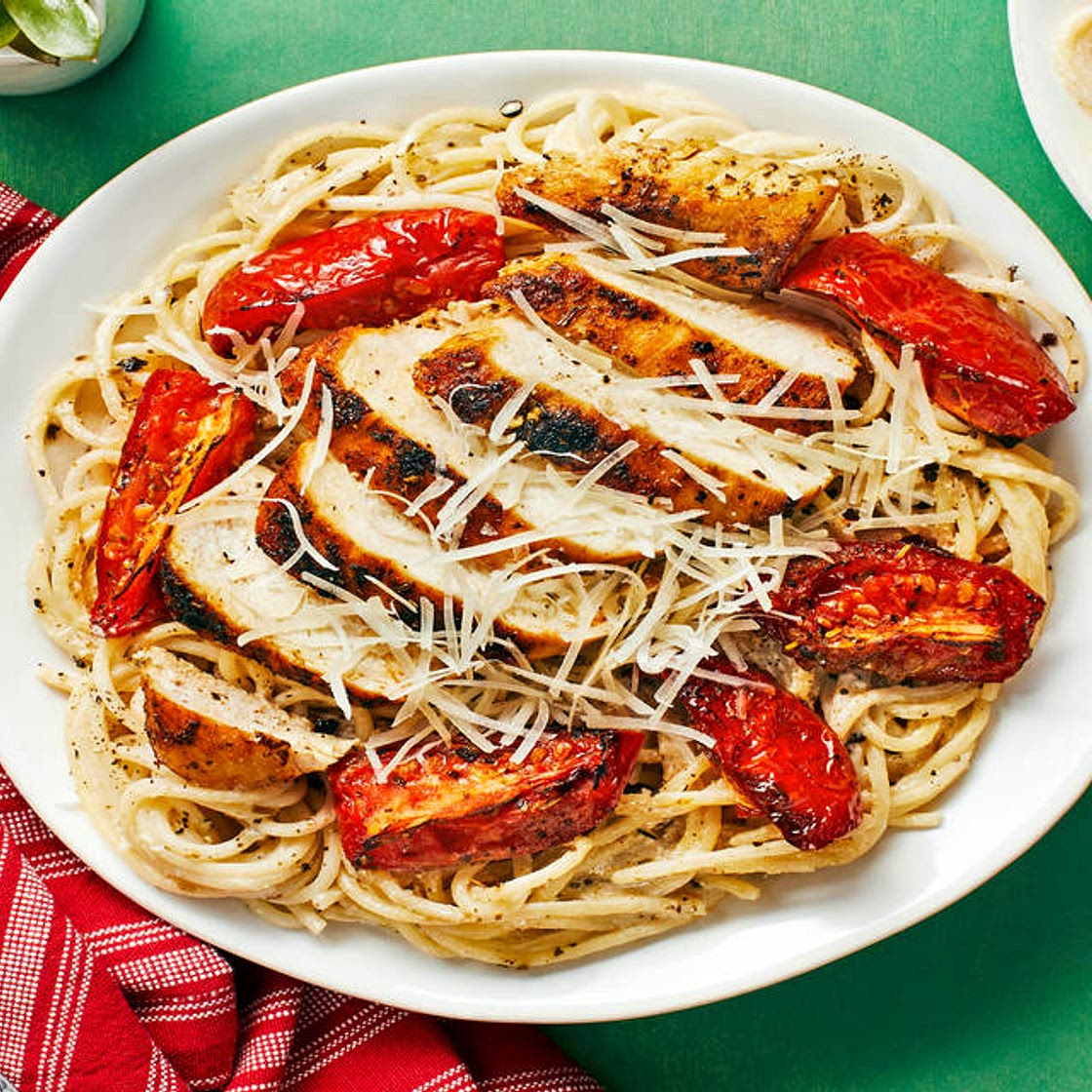 Chicken Over Garlic Parmesan Spaghetti with Tuscan Roasted Tomatoes