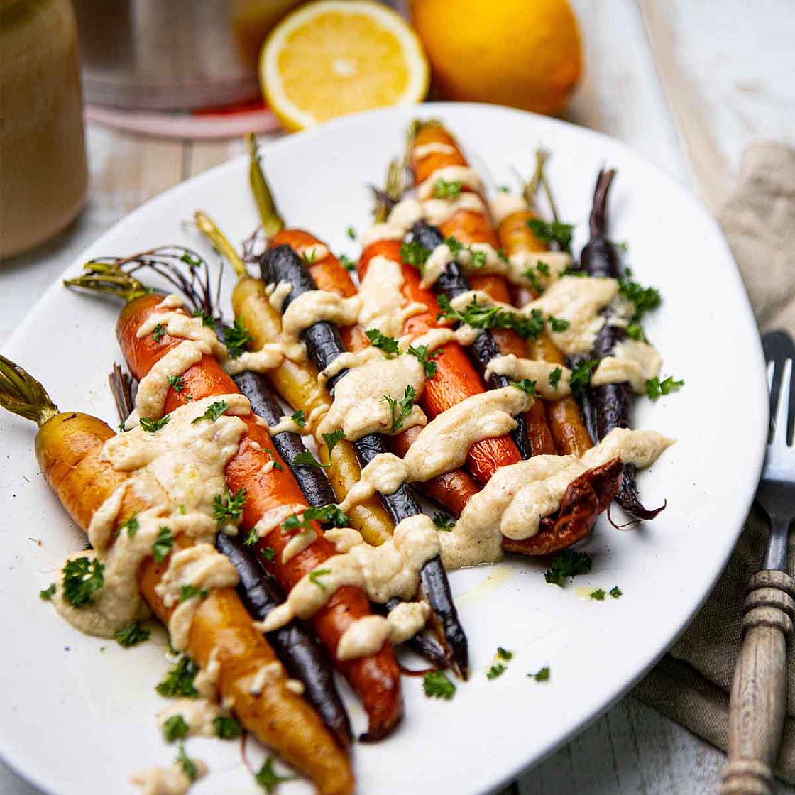 Roasted Rainbow Carrots with Lemon Tahini