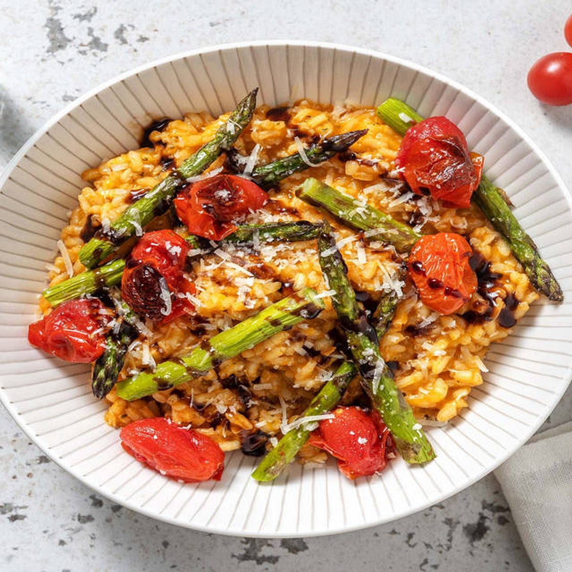 Sun-Dried Tomato Risotto with Roasted Asparagus and Baby Plum Tomatoes