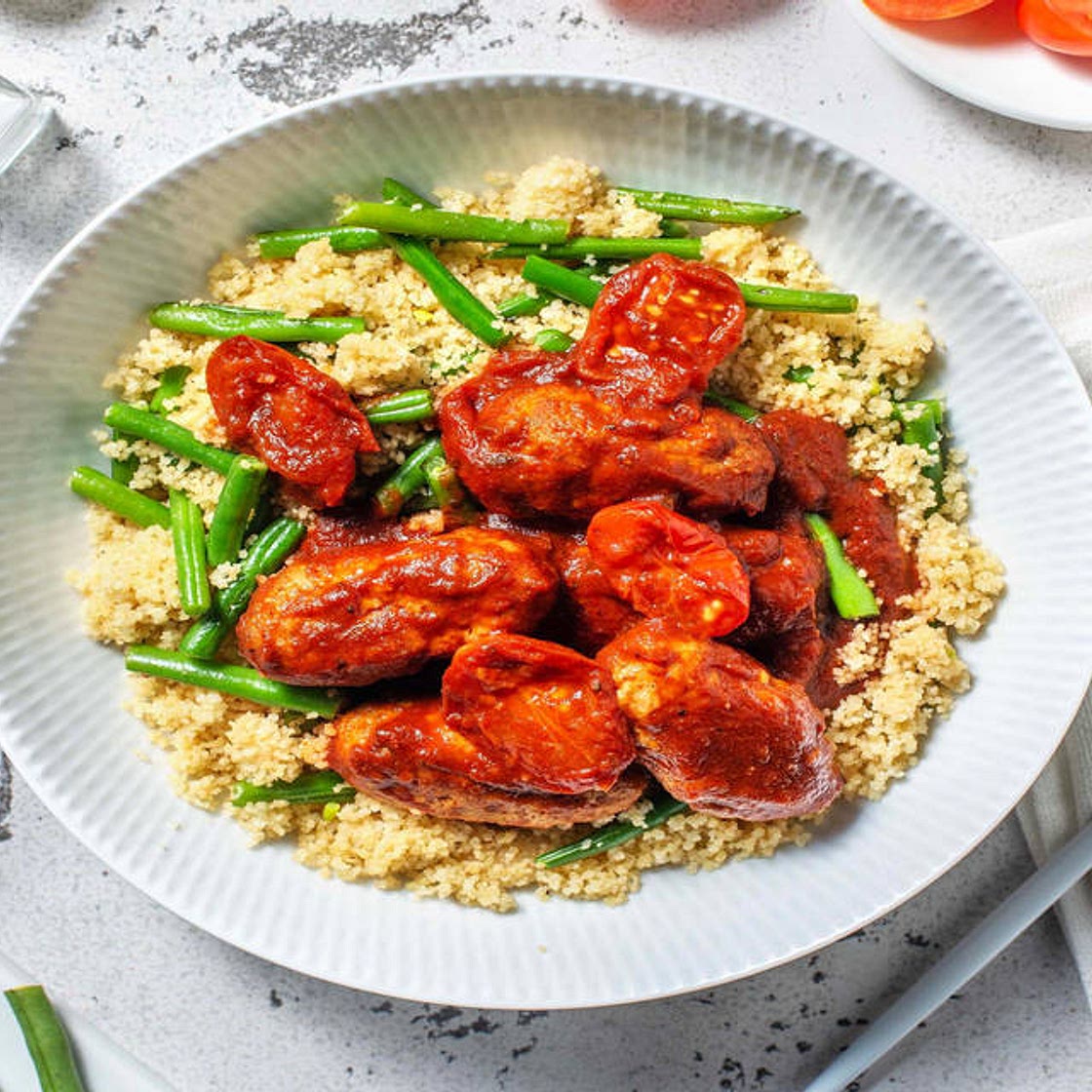Greek Soutzoukakia Style Pork Koftas with Fresh Tomato & Red Wine Sauce and Couscous