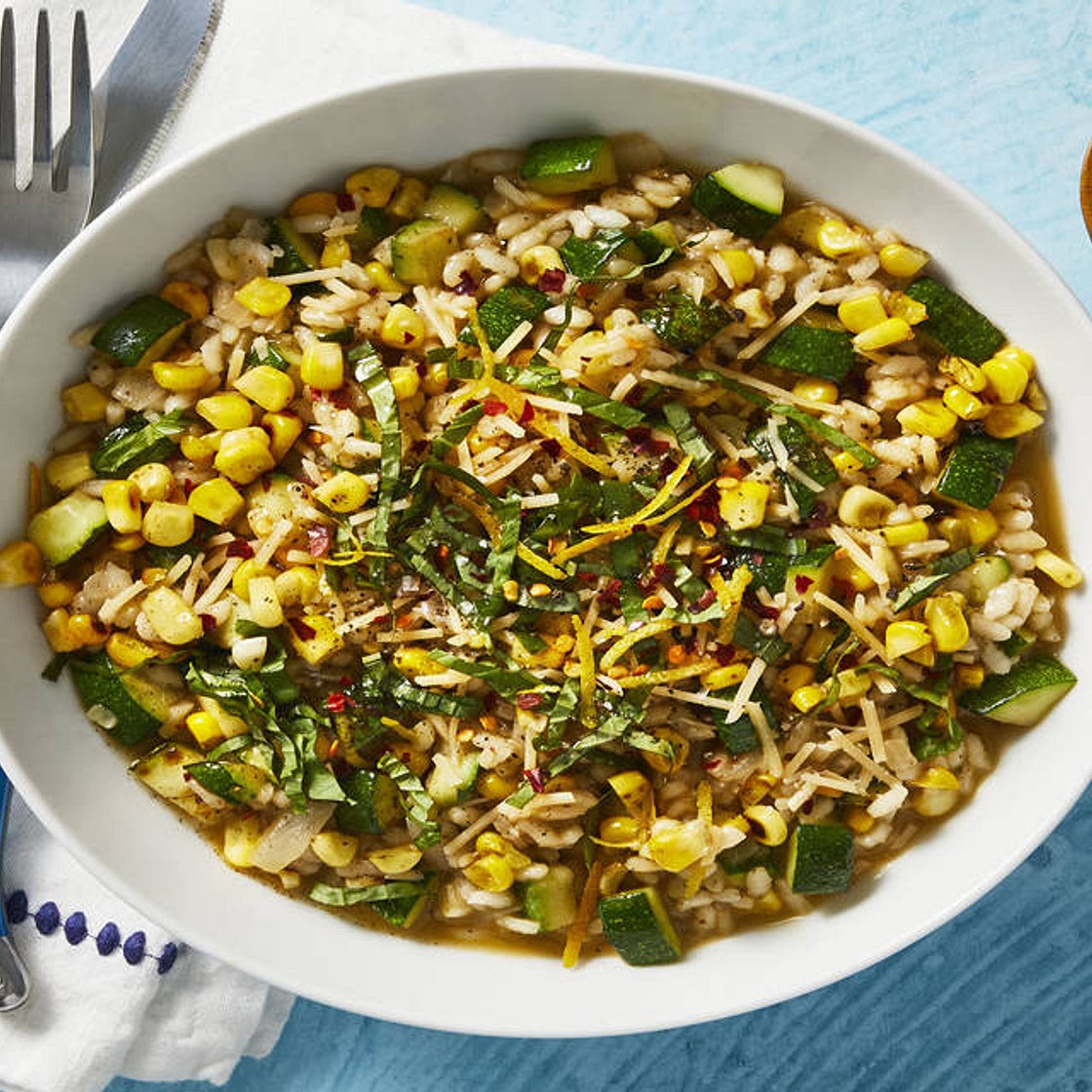 Corn and Zucchini Risotto with Basil and Garlic Oil