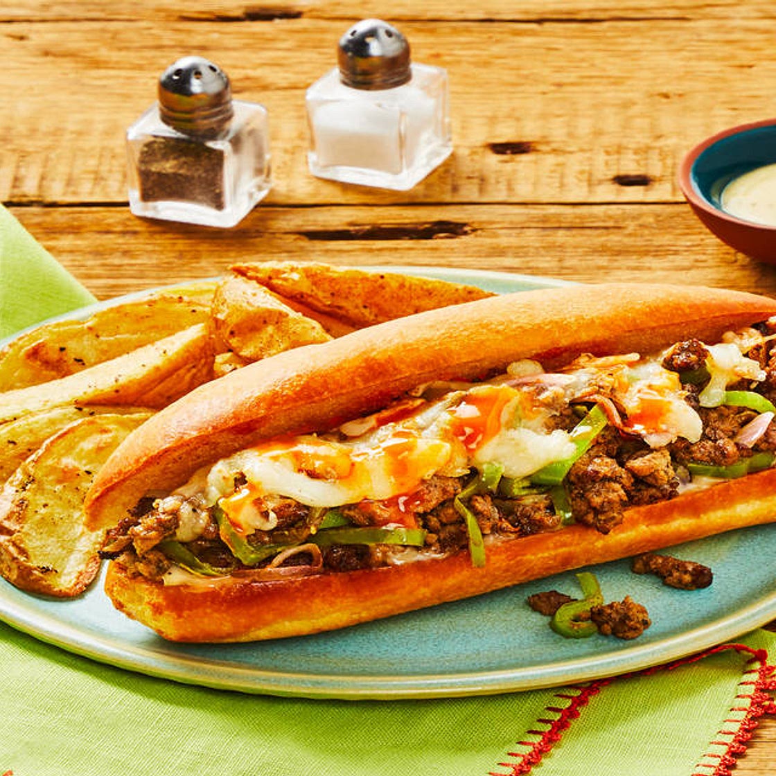 Italian Beef Melts with Onion, Pepper, Mozzarella & Roasted Potato Wedges