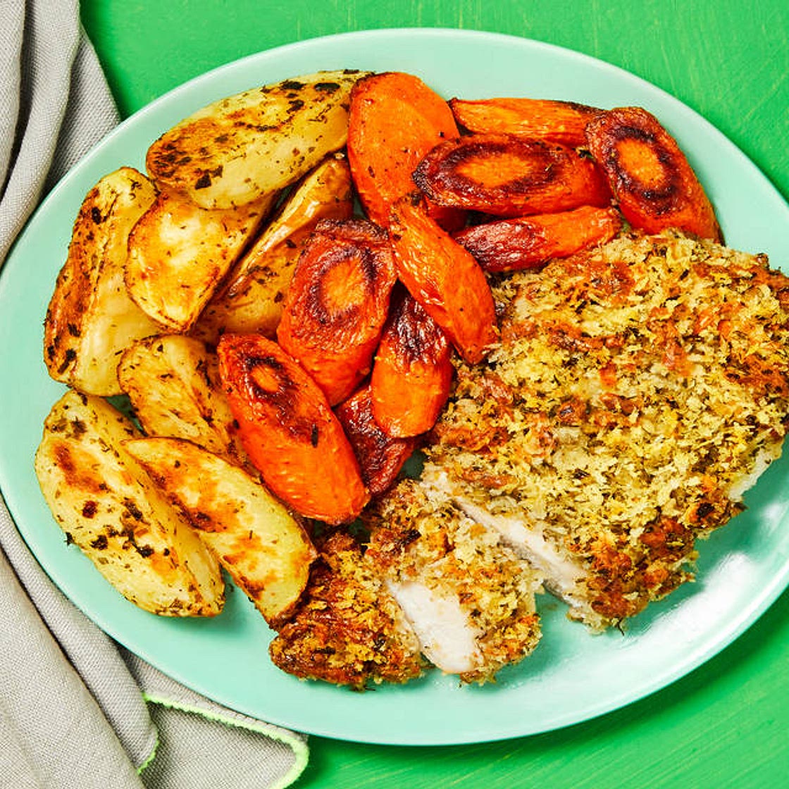 Monterey Jack Un-Fried Chicken with Roasted Carrots, Potato Wedges & Sriracha Mayo
