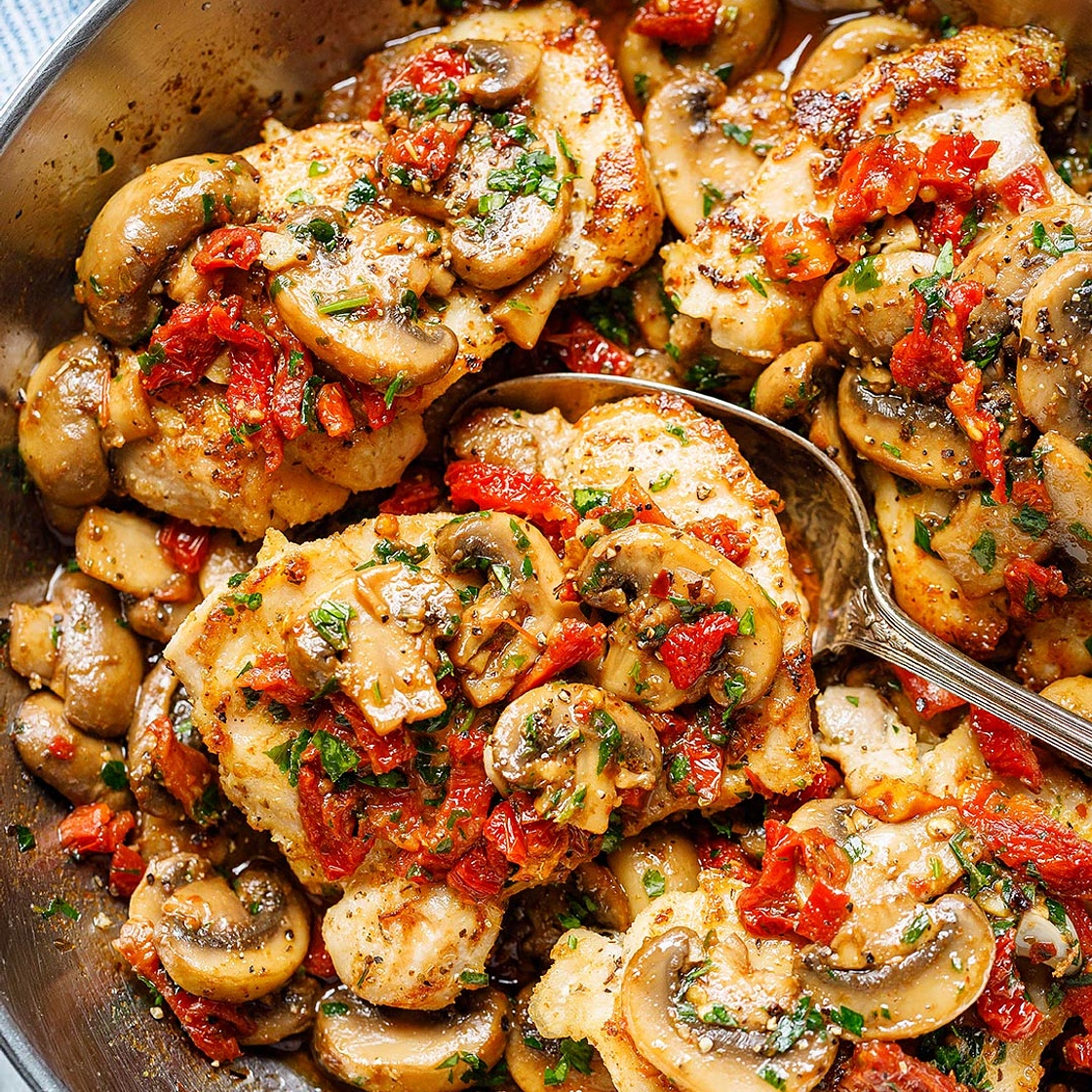 Garlic Mushroom Chicken Thighs with Sun-Dried Tomatoes