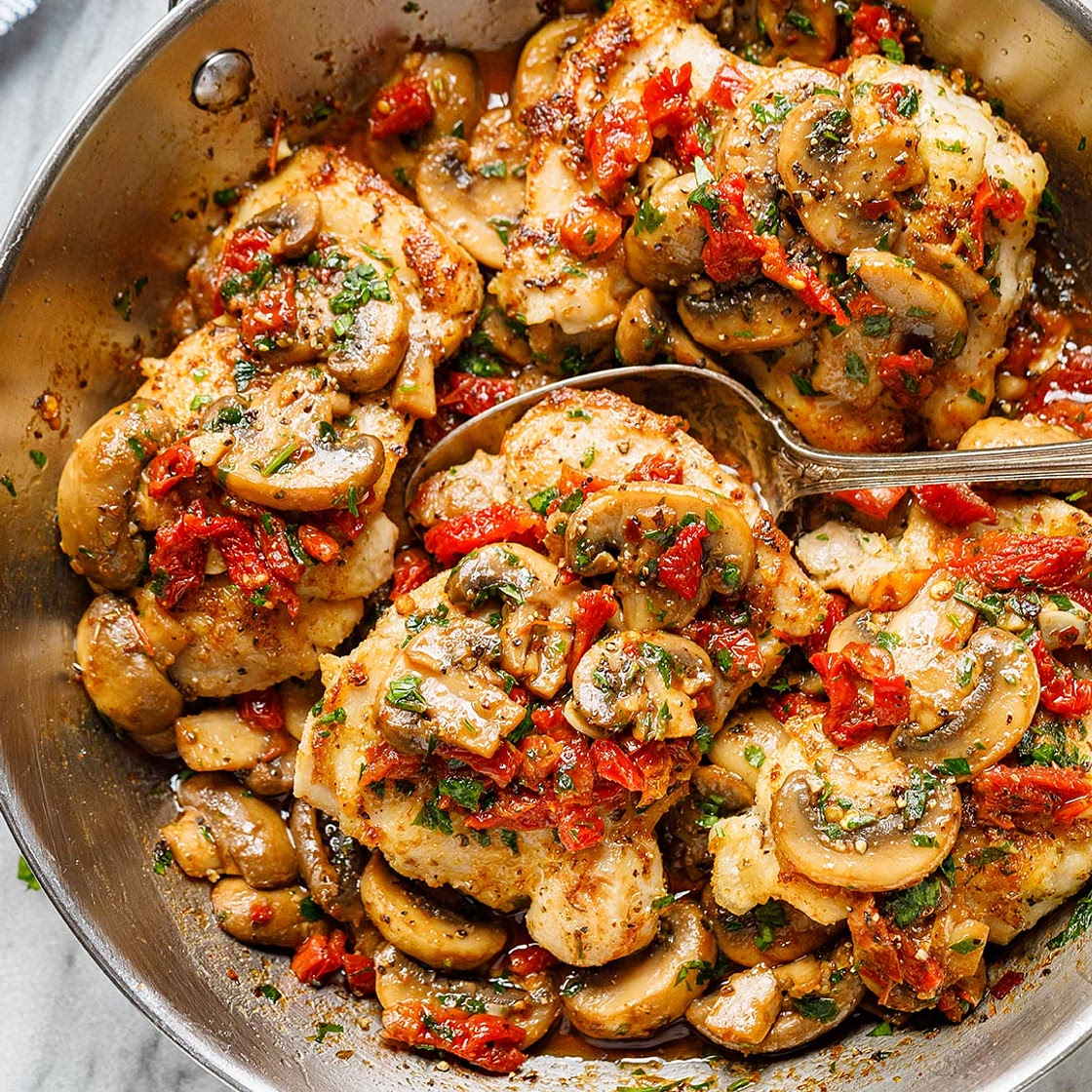 Garlic Mushroom Chicken Thighs with Sun-Dried Tomatoes