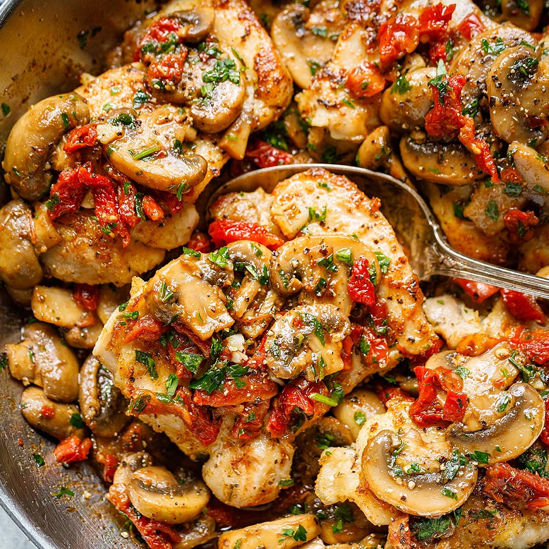 Garlic Mushroom Chicken Thighs with Sun-Dried Tomatoes