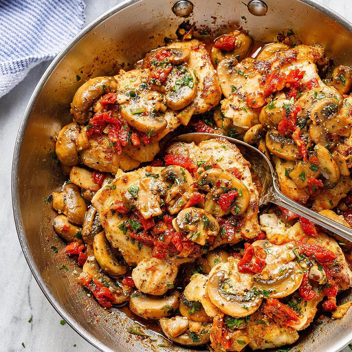 Garlic Mushroom Chicken Thighs with Sun-Dried Tomatoes
