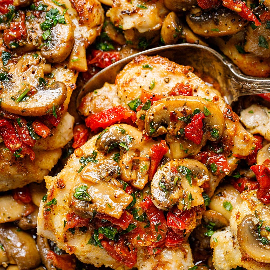 Garlic Mushroom Chicken Thighs with Sun-Dried Tomatoes