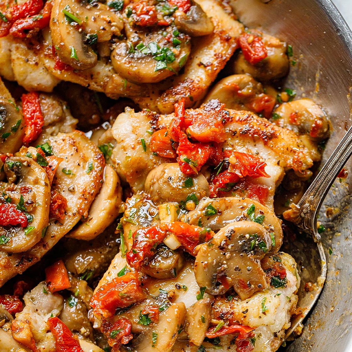 Garlic Mushroom Chicken Thighs with Sun-Dried Tomatoes