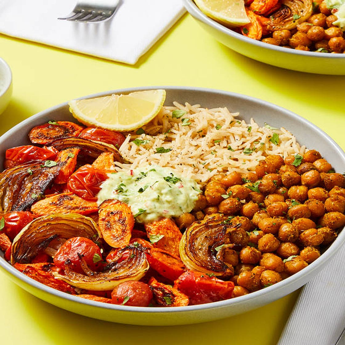 Curry-Spiced Chickpea Bowls with Roasted Veggies, Cucumber Raita & Garlic Basmati Rice