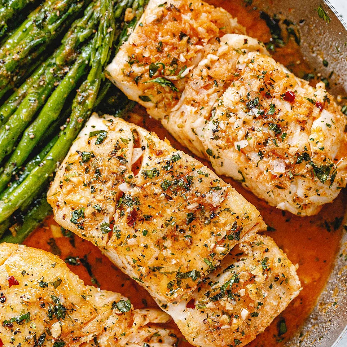 Garlic Butter Cod with Lemon Asparagus Skillet