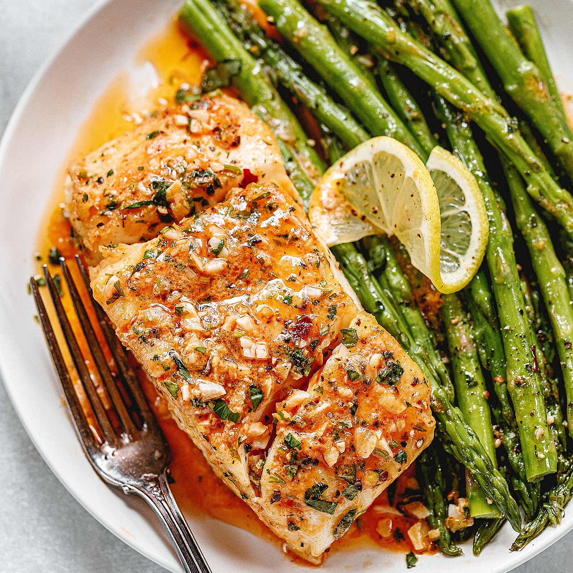 Garlic Butter Cod with Lemon Asparagus Skillet