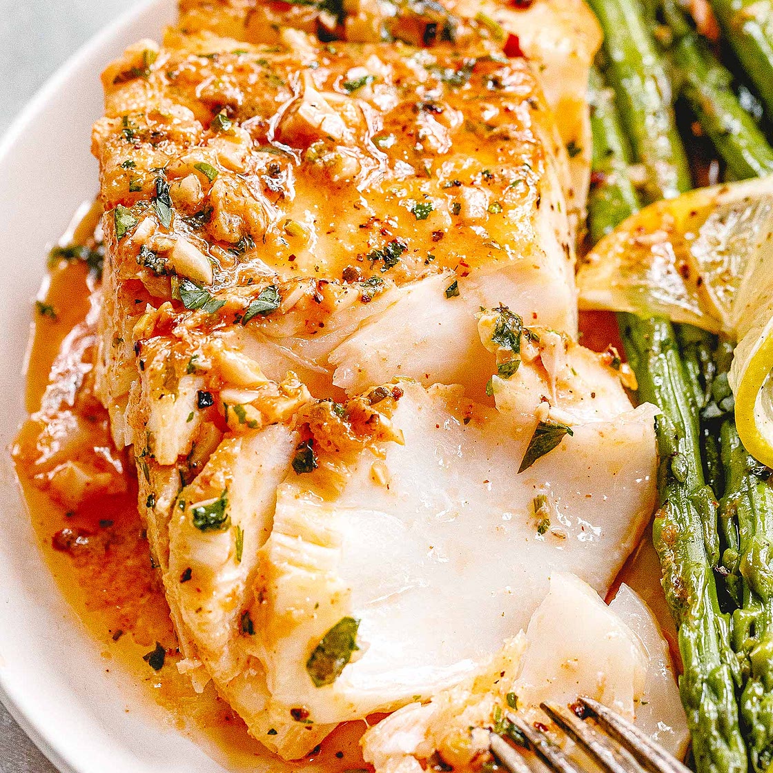 Garlic Butter Cod with Lemon Asparagus Skillet