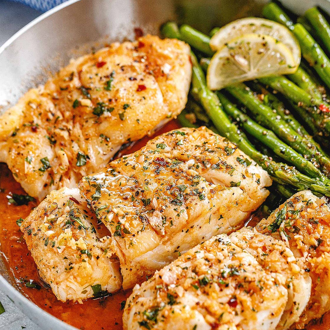 Garlic Butter Cod with Lemon Asparagus Skillet