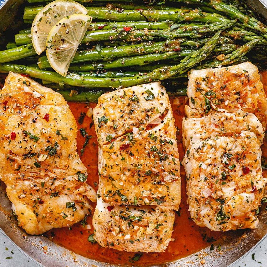 Garlic Butter Cod with Lemon Asparagus Skillet