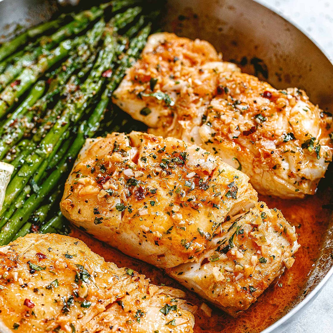 Garlic Butter Cod with Lemon Asparagus Skillet