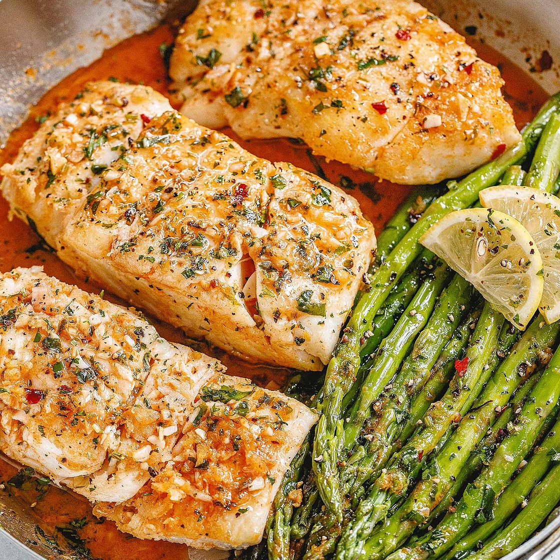 Garlic Butter Cod with Lemon Asparagus Skillet