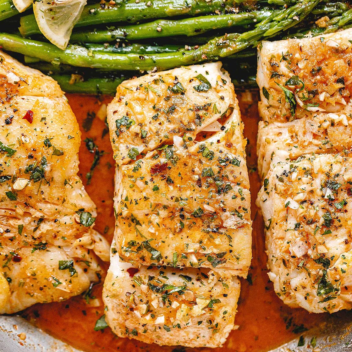 Garlic Butter Cod with Lemon Asparagus Skillet