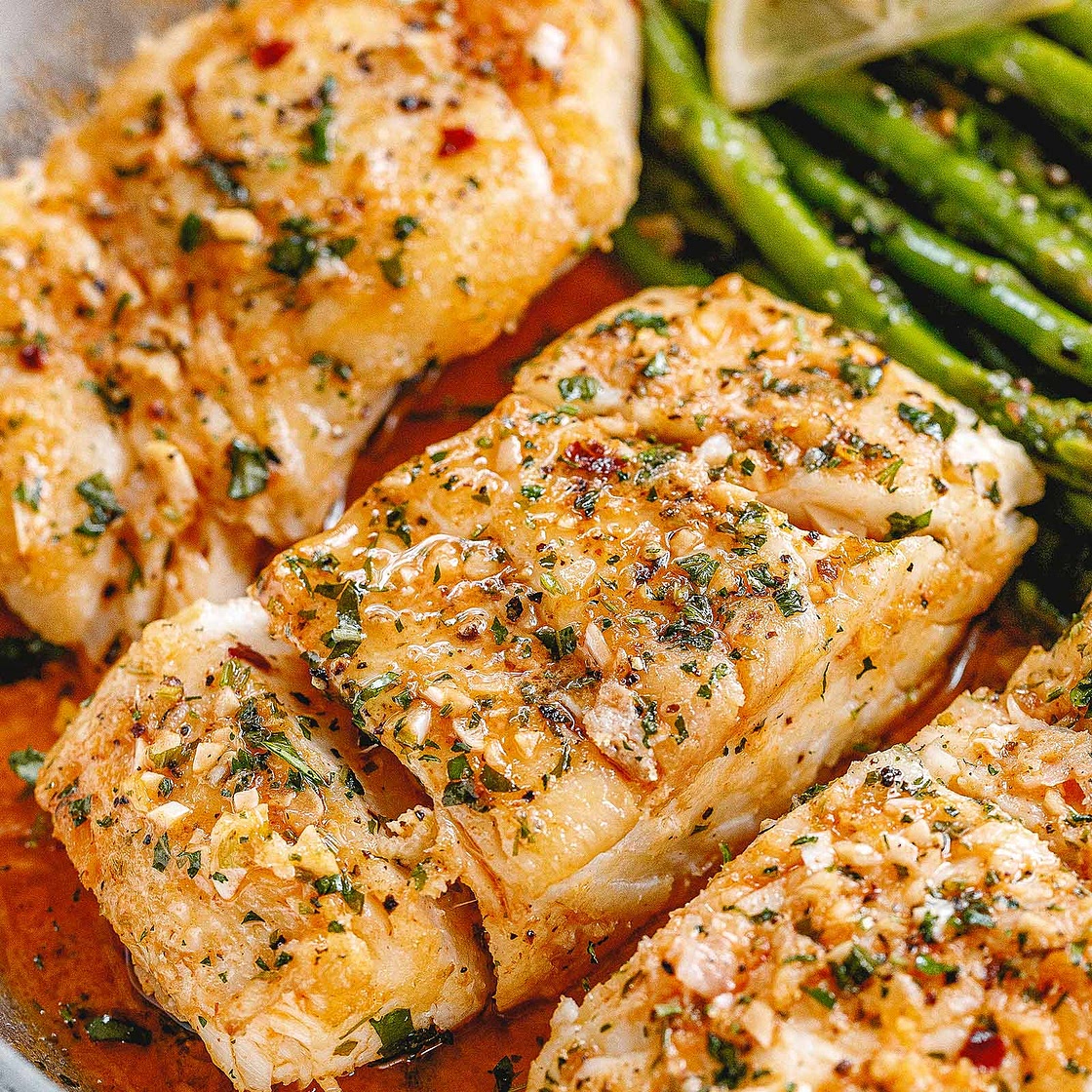 Garlic Butter Cod with Lemon Asparagus Skillet