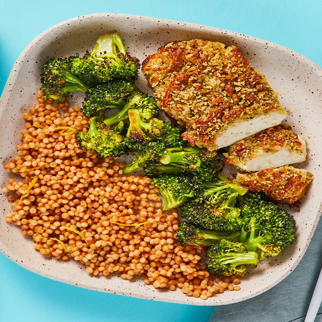 Mozzarella & Herb Chicken with Roasted Broccoli & Buttery Couscous