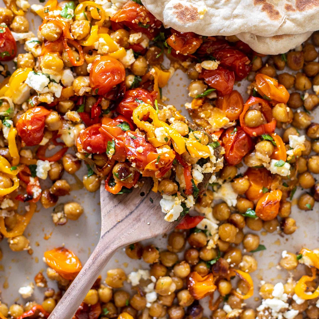 Roasted Chickpeas with Sweet Peppers and Feta
