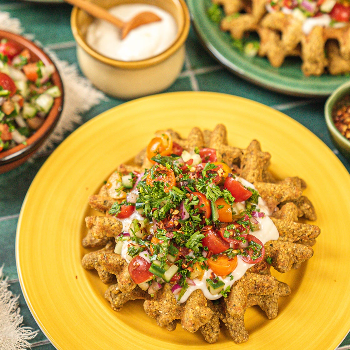 Falafel Waffles with Garlic Yogurt Sauce