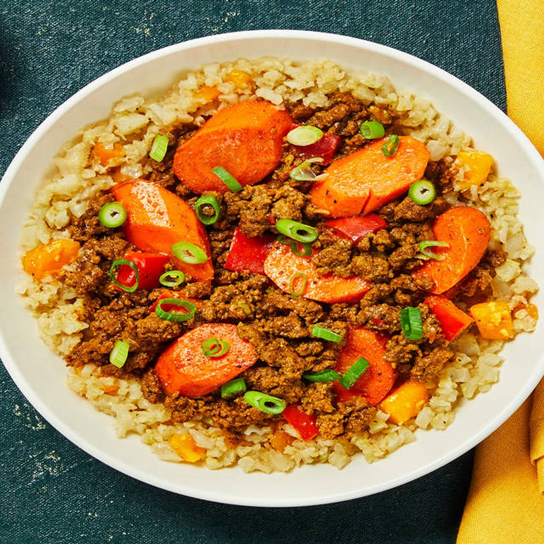 Caribbean-Style Curry Beef Bowls over Mango Cauliflower Rice