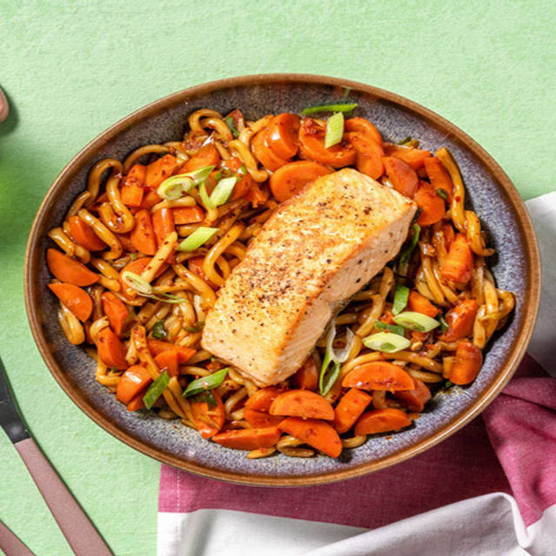 Teriyaki Salmon Noodles with scallion and spicy chilli flakes