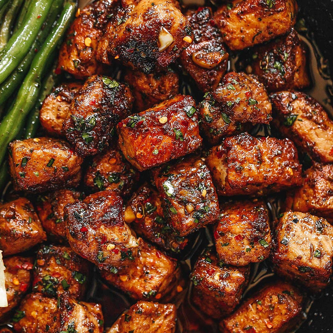 Garlic Butter Pork Bites with Lemon Green Beans
