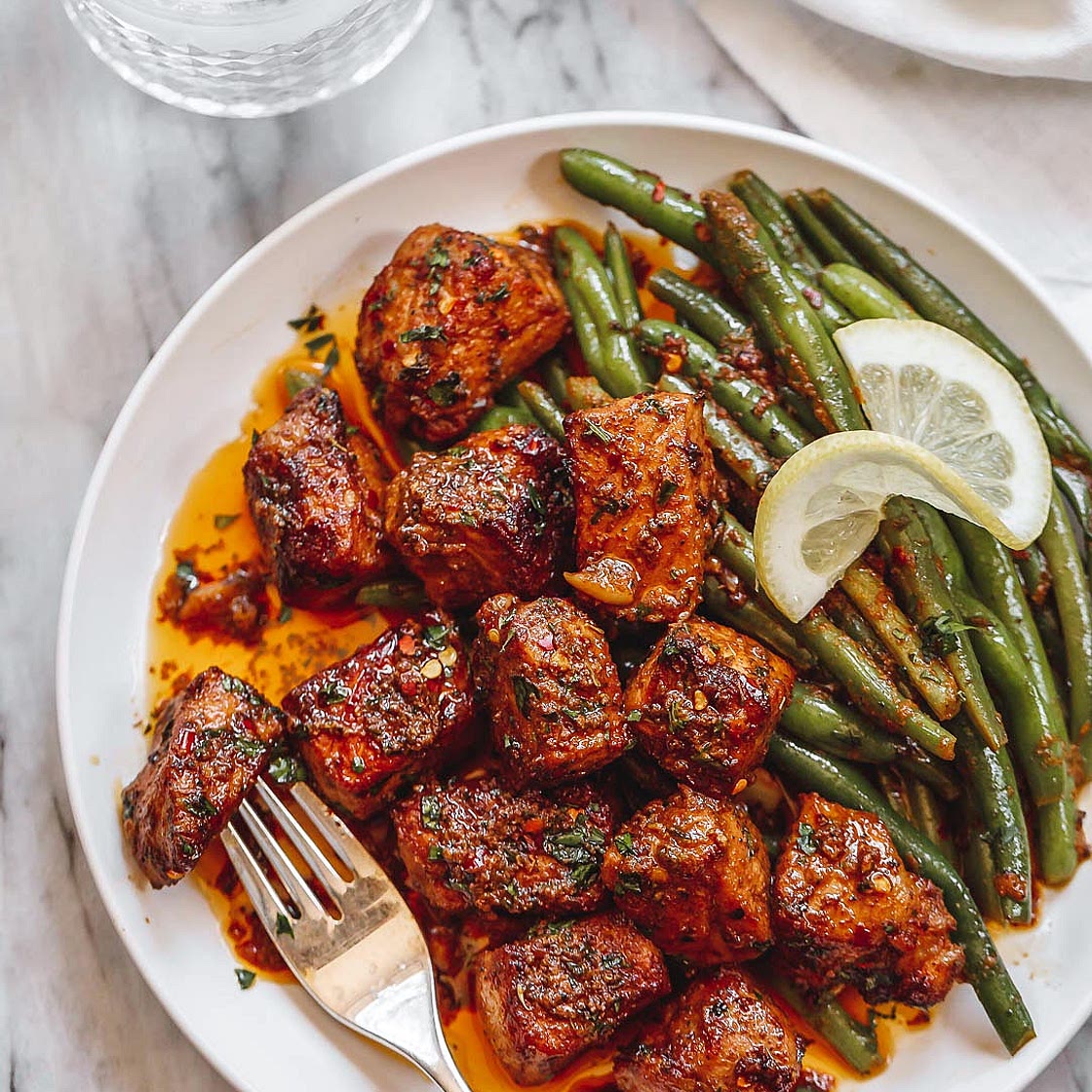 Garlic Butter Pork Bites with Lemon Green Beans
