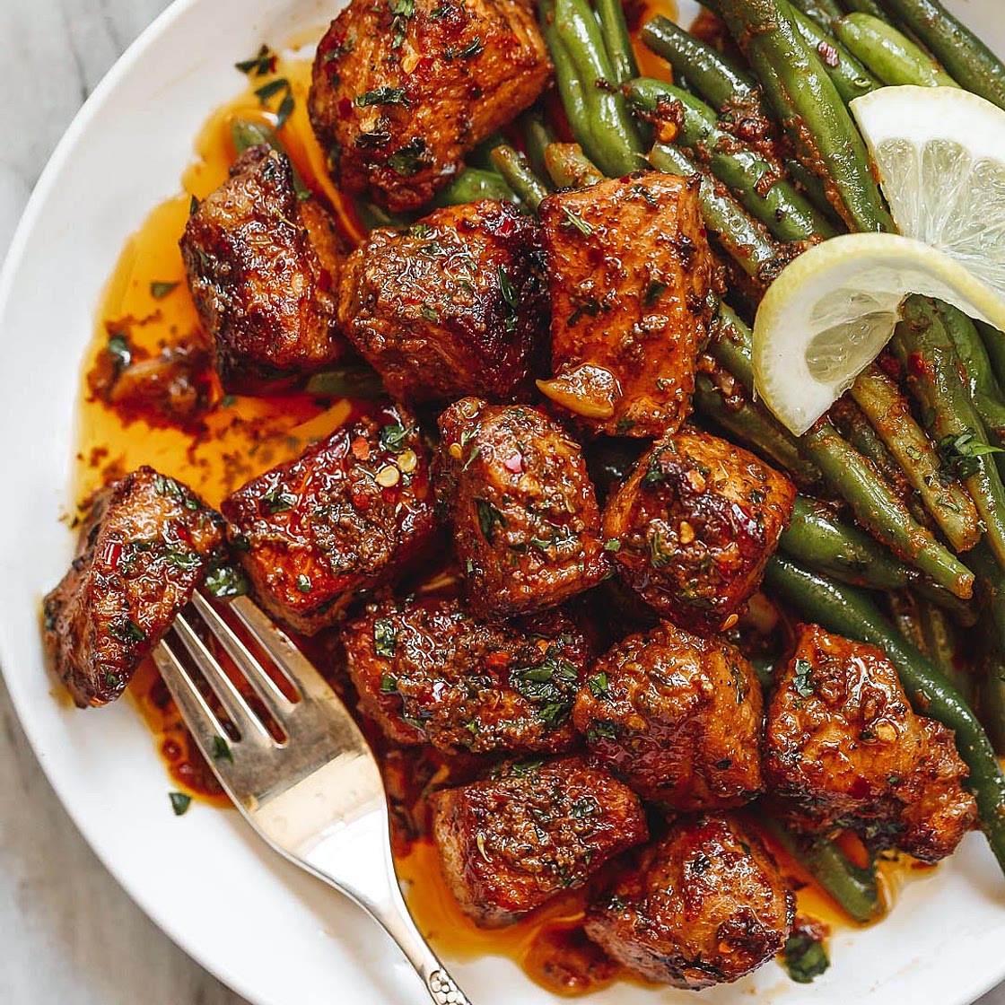 Garlic Butter Pork Bites with Lemon Green Beans