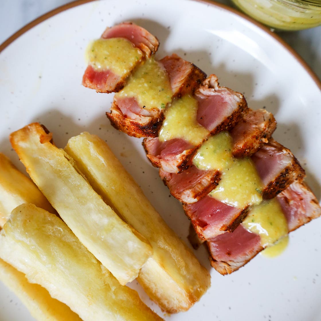 Seared Tuna Steaks with Baked Yuca Fries and Cuban Mojo