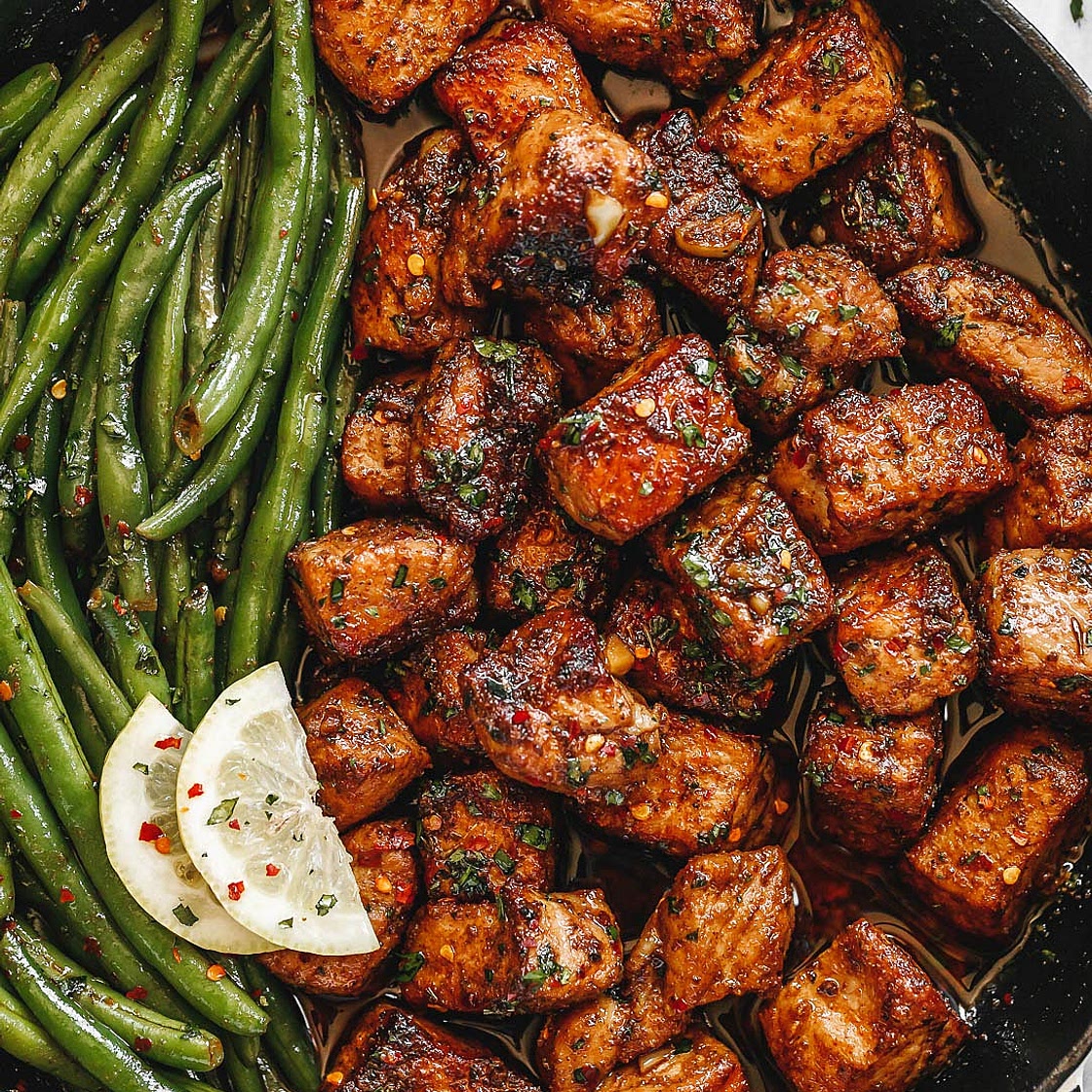Garlic Butter Pork Bites with Lemon Green Beans