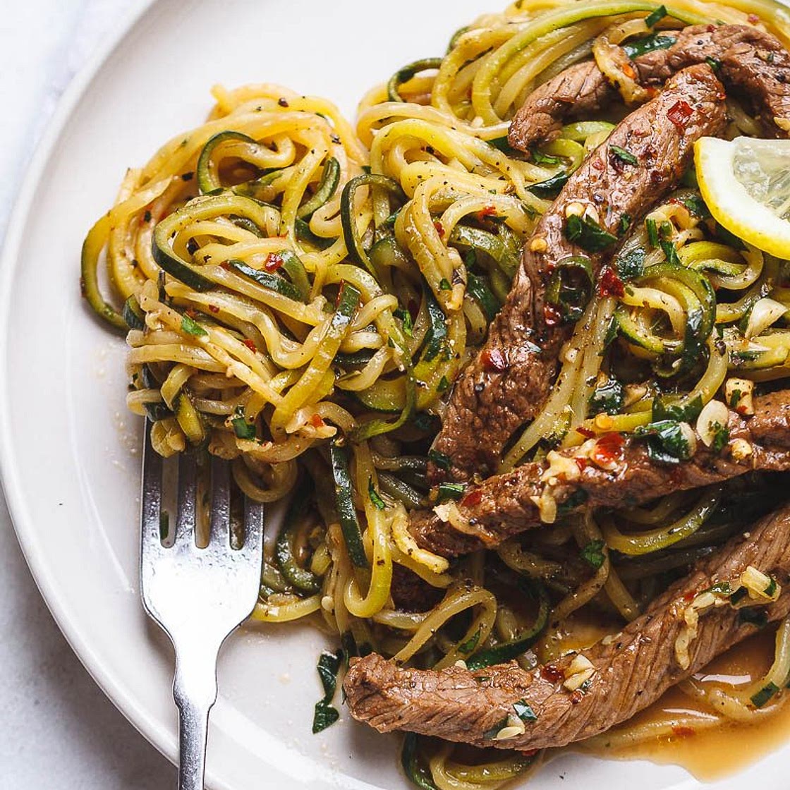 15-Minute Lemon Garlic Butter Steak with Zucchini Noodles