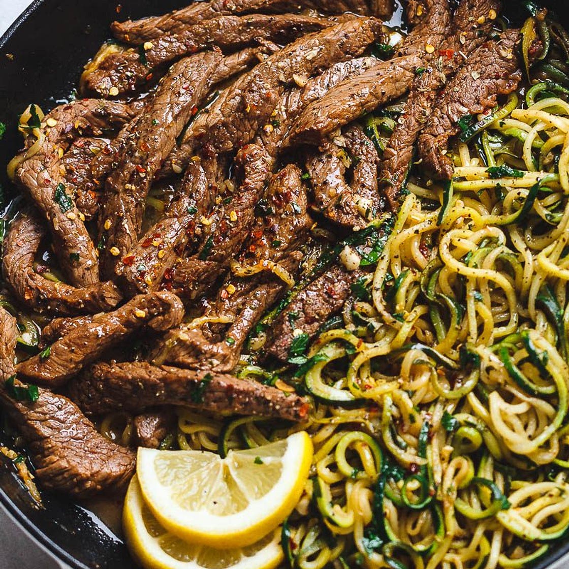 15-Minute Lemon Garlic Butter Steak with Zucchini Noodles