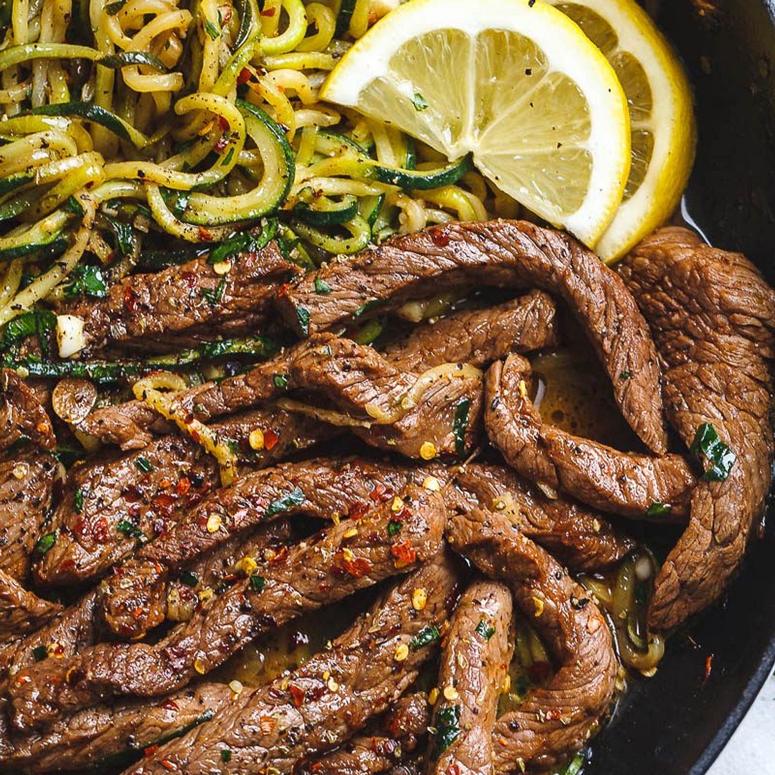 15-Minute Lemon Garlic Butter Steak with Zucchini Noodles
