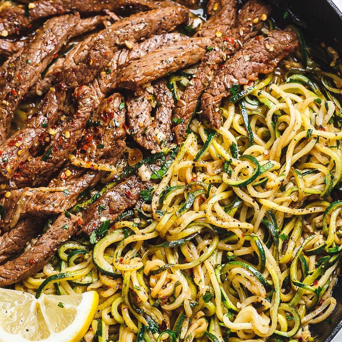 15-Minute Lemon Garlic Butter Steak with Zucchini Noodles