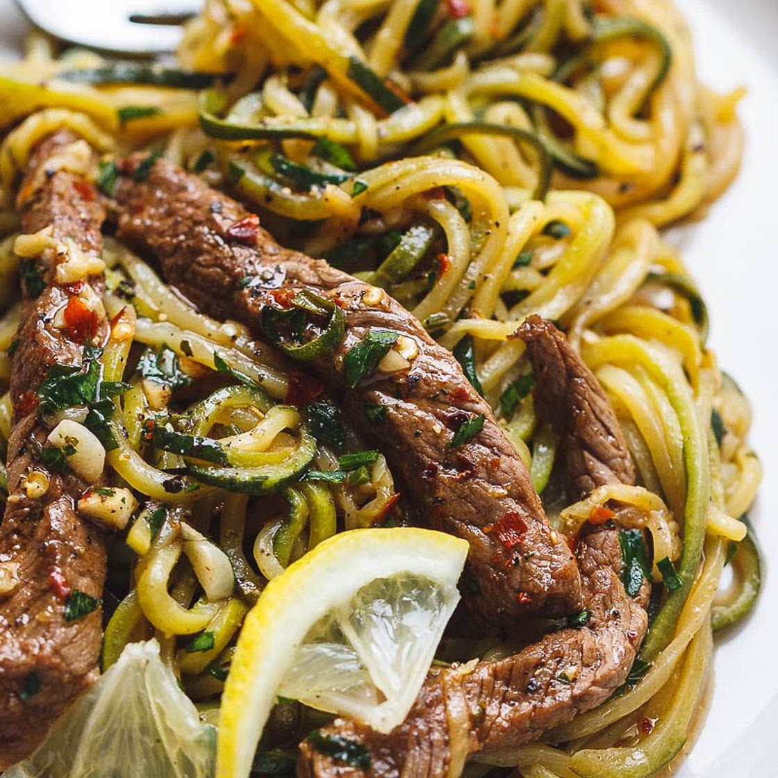 15-Minute Lemon Garlic Butter Steak with Zucchini Noodles