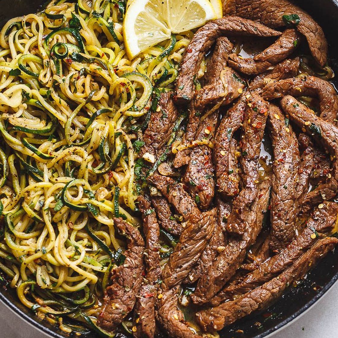 15-Minute Lemon Garlic Butter Steak with Zucchini Noodles