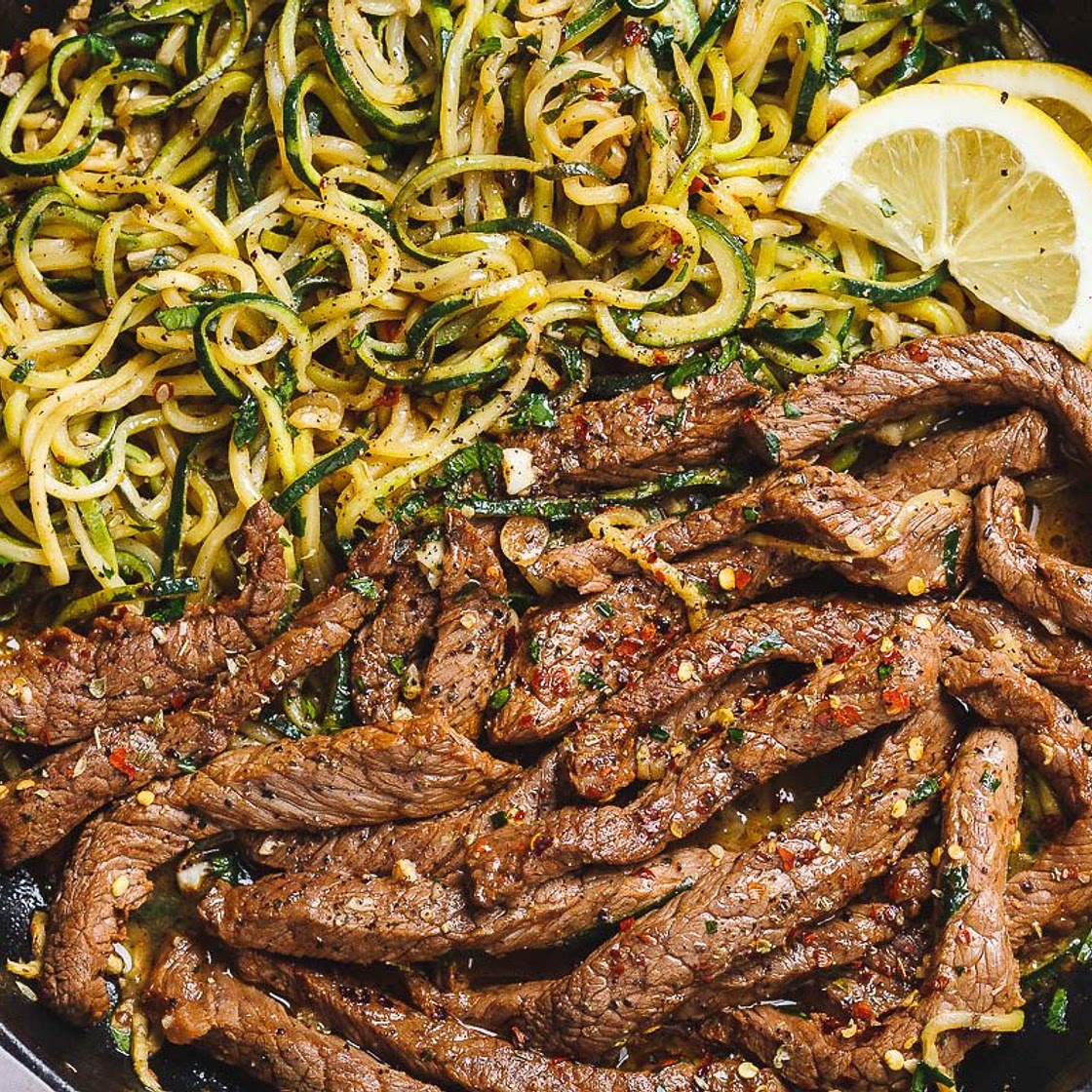 15-Minute Lemon Garlic Butter Steak with Zucchini Noodles