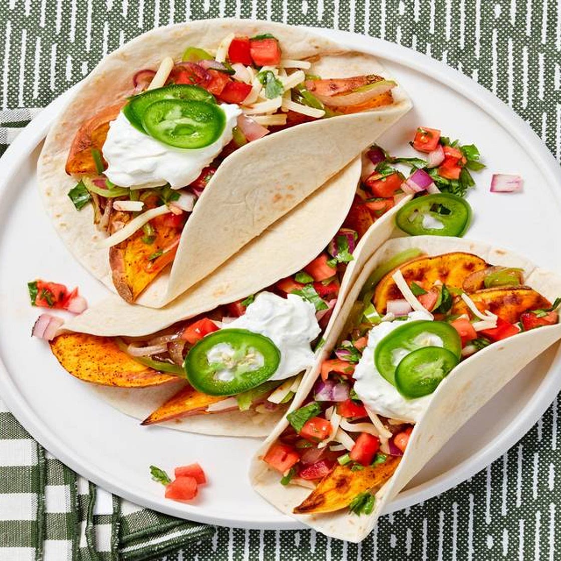 Sweet Potato Fajitas with Pepper Jack Cheese, Pickled Jalapeño, and Lime Crema