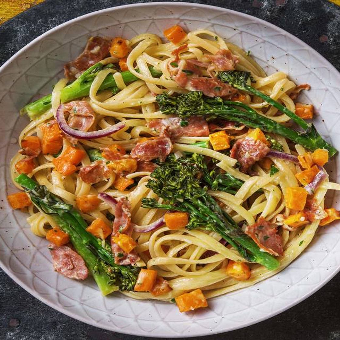 Serrano Ham and Butternut Linguine with Tenderstem® Broccoli and Creme Fraiche