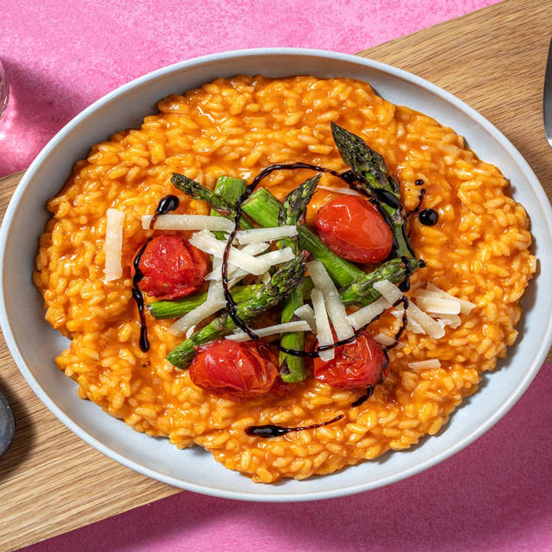 Sun-Dried Tomato Risotto with Roasted Asparagus and Baby Plum Tomatoes