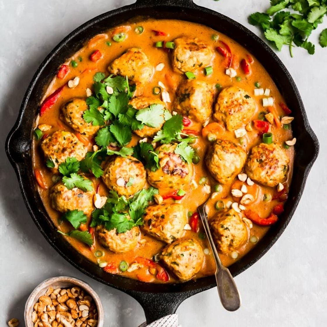 One Pan Ginger Chicken Meatballs with Peanut Sauce